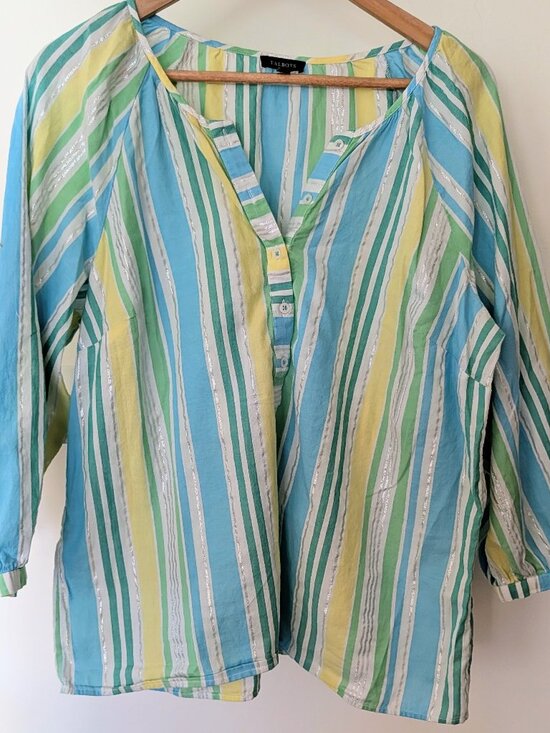 Talbots Womens Cotton Striped Metallic Beachy Loose Tunic Blue Green Yellow L - Picture 2 of 7